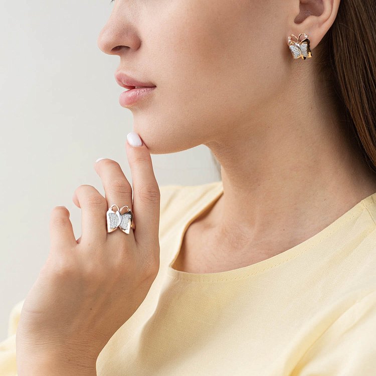 Золотое кольцо "Бабочка" с фианитами к04868 от ювелирного магазина Оникс - 2