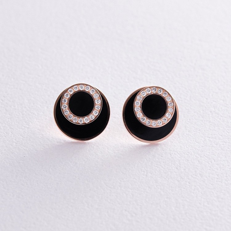 Золотые серьги - пусеты с бриллиантами и эмалью 314842421 от ювелирного магазина Оникс