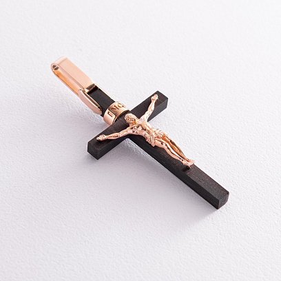 Чоловічий православний хрест "Роп'яття. Спаси і Збережи" з ебенового дерева та золота п03677