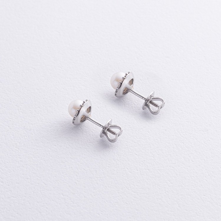 Золотые серьги - пусеты "Linea" (жемчуг, фианиты) с08916 от ювелирного магазина Оникс - 2