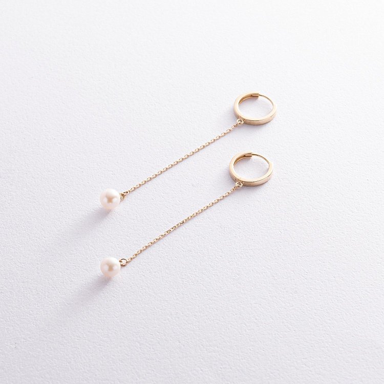 Сережки - кільця "Перлина на ланцюжку" у жовтому золоті с08356 від ювелірного магазину Онікс