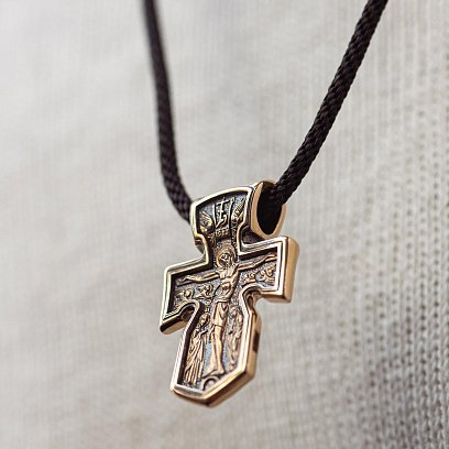 Золотой крестик "Распятие. Архангел Михаил. Божия Матерь "Знамение" с чернением п02534 №2