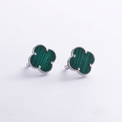 Сережки "Конюшина" з малахітом (біле золото) с07798