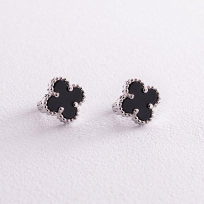 Серебряные серьги "Клевер" с ониксом 121591
