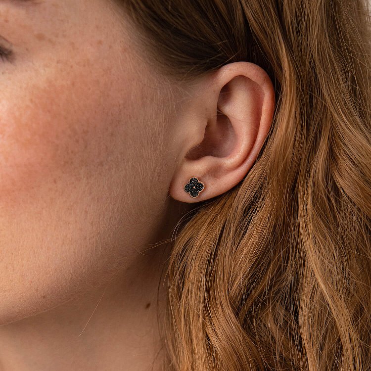 Золотые серьги - пусеты "Клевер" (черные фианиты) с07888 от ювелирного магазина Оникс - 5