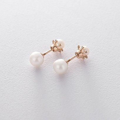 Золоті сережки-пусети (фіаніт, культ. прісн. перлини) с04116