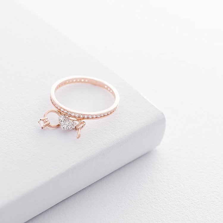 Золотое кольцо с сердечком и ключиком (фианит) к06242 от ювелирного магазина Оникс