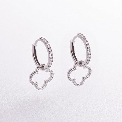 Серебряные серьги - кольца "Клевер" с фианитами 2 в 1 OR120810