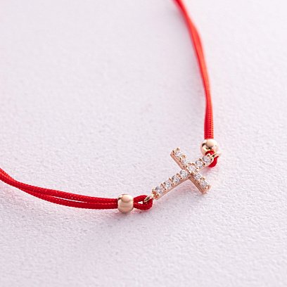 Золотий браслет "Хрестик" з червоною ниткою (фіаніти) б02856 №3