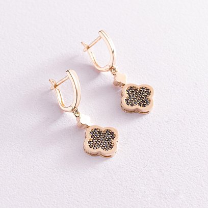 Сережки "Конюшина" в жовтому золоті (фіаніти) с07777