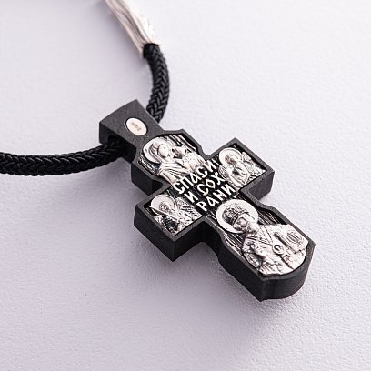 Срібний хрест "Розп'яття. Спаси і Збережи" на шнурку (ебенове дерево) 819 №9