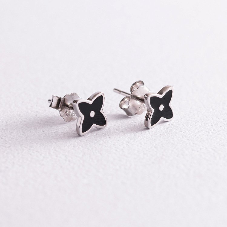 Серебряные серьги - пусеты "Клевер" (черная эмаль) 123047 от ювелирного магазина Оникс - 3