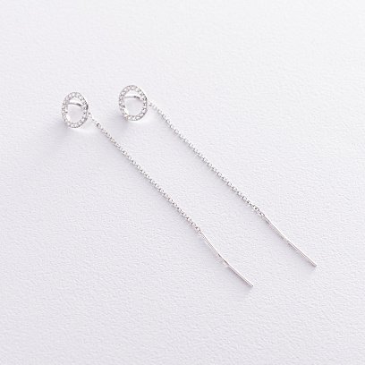 Срібні сережки - протяжки "Кругообіг" з фіанітами 122906 №3