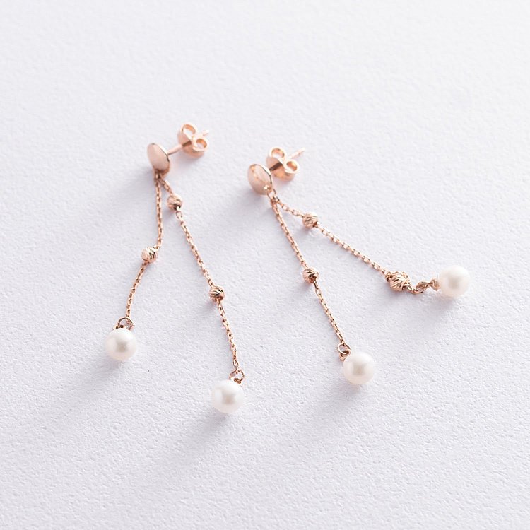 Золотые серьги Жемчуг на цепочке с07257 от ювелирного магазина Оникс