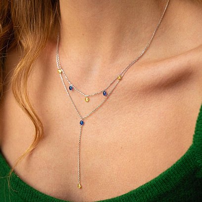 Подвійне золоте кольє - краватка "Українка" (сині та жовті фіаніти) кол02332 №7