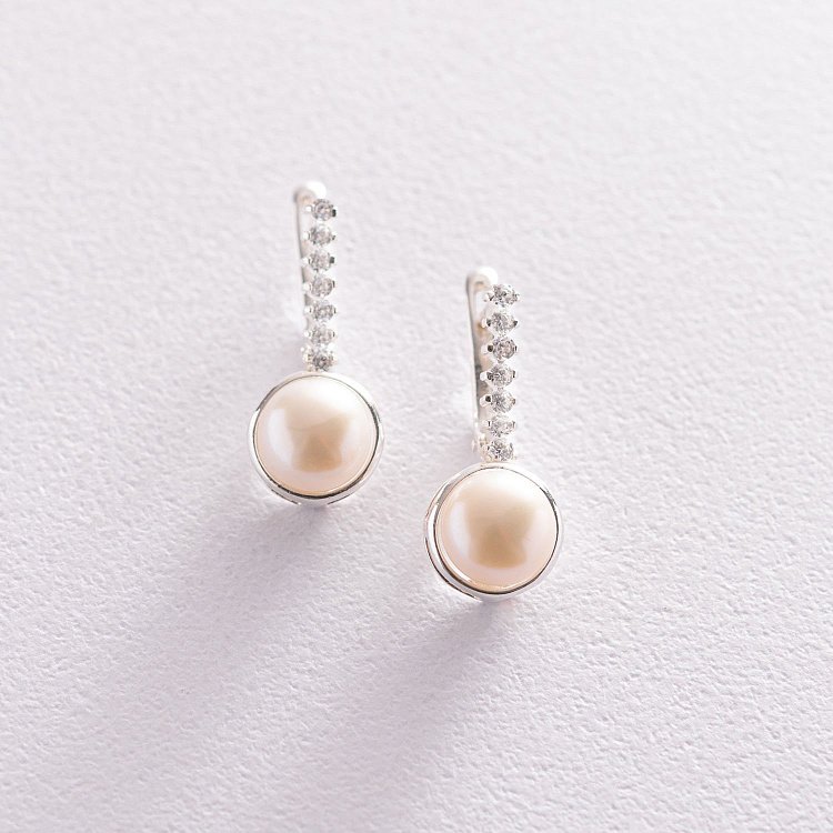 Серебряные серьги (культ. пресн. жемчуг, фианиты) 121022 от ювелирного магазина Оникс - 2