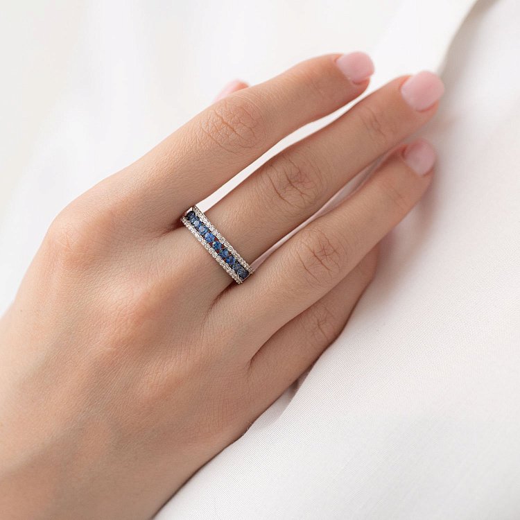 Золота каблучка з синіми сапфірами і діамантами кб0176gl від ювелірного магазину Онікс - 1