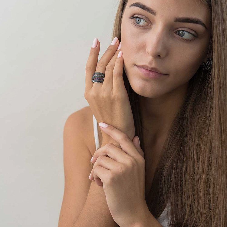 Золота каблучка з синіми сапфірами і діамантами MR16823gm від ювелірного магазину Онікс - 3