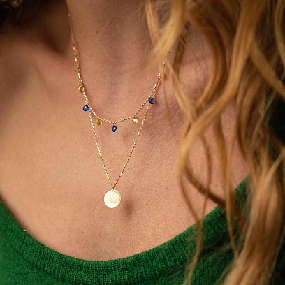 Подвійне золоте кольє "Українка" з монеткою (сині та жовті фіаніти) кол02325 №6