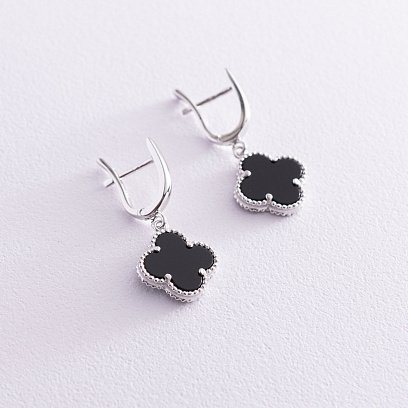 Срібні сережки "Конюшина" (онікс) 122809