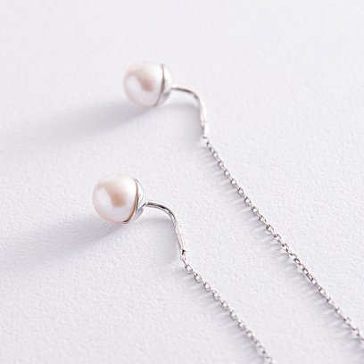 Золотые серьги - протяжки с жемчугом с07702 №3