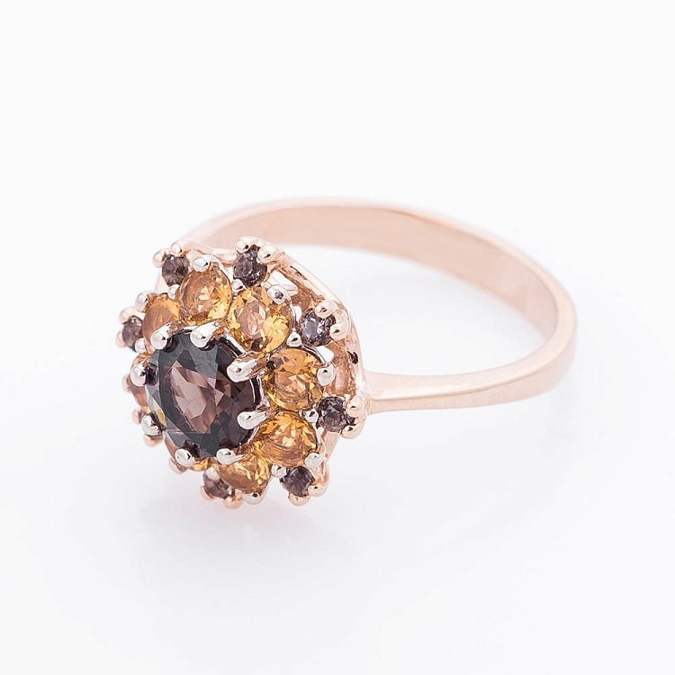Золотое кольцо "Цветок" с дымчатым кварцем и цитрином 02-1386.0.4250 от ювелирного магазина Оникс - 1
