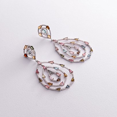 Серебряные серьги "Сальма" с разноцветными фианитами и турмалином 539