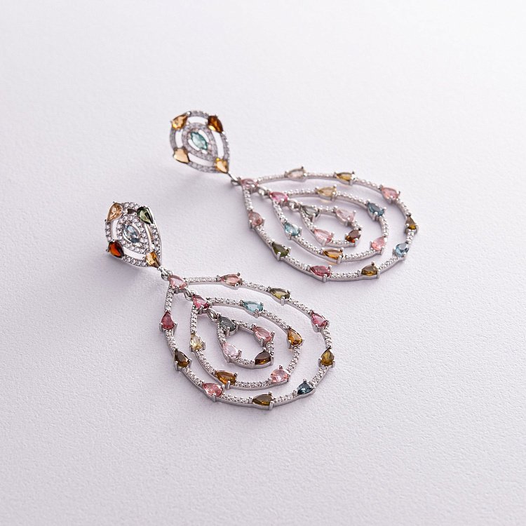 Серебряные серьги "Сальма" с разноцветными фианитами и турмалином 539 от ювелирного магазина Оникс