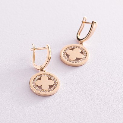 Серьги "Клевер" в желтом золоте (белые фианиты) с07684 №3