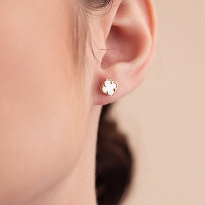 Сережки - пусети "Конюшина" з перламутром mini (жовте золото) с08406 №4