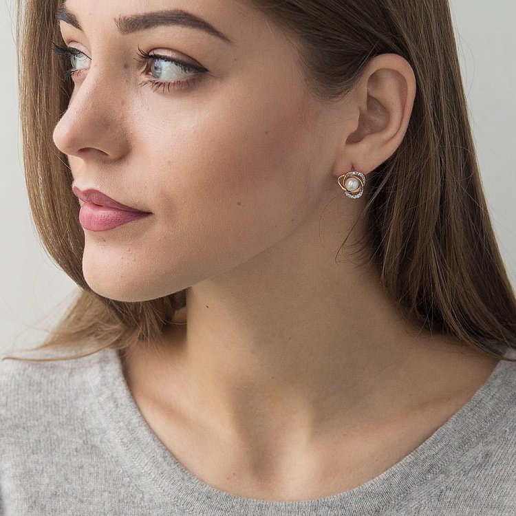 Золотые серьги (культ. пресн. жемчуг,фианиты) с02402 от ювелирного магазина Оникс - 3