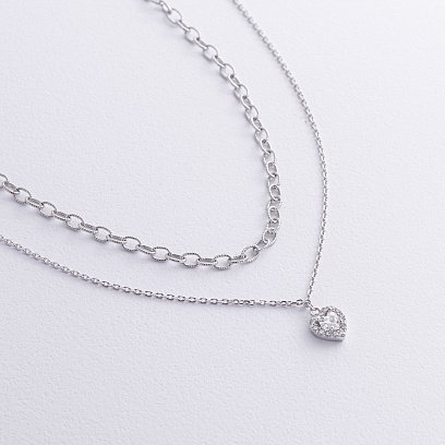 Двойное серебряное колье "Сердечко" (фианиты) 908-01589