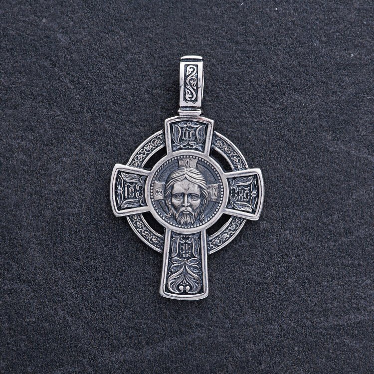 Срібний хрестик "Спас Нерукотворний. Молитва Да воскресне Бог" 133002 від ювелірного магазину Онікс