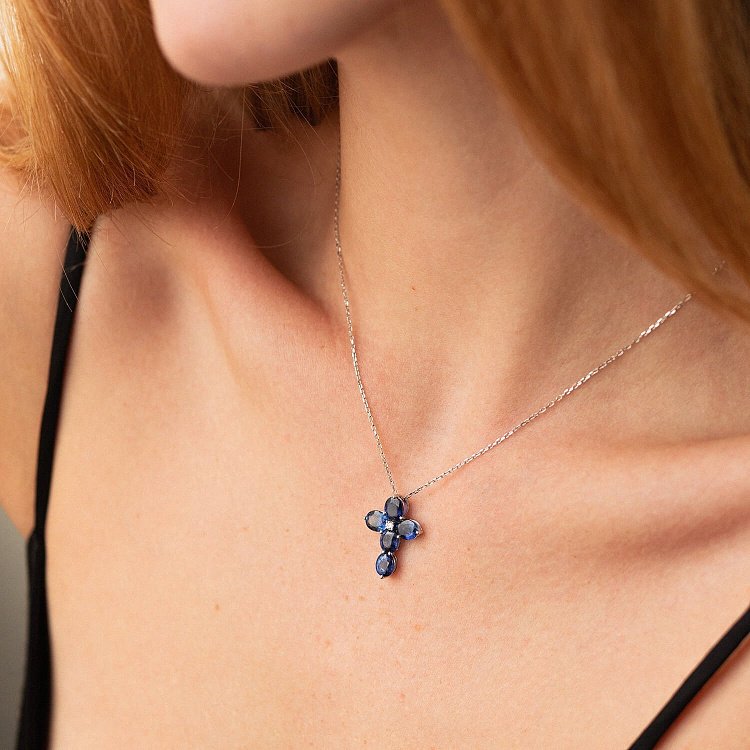 Золотий хрестик з діамантом і сапфірами пб0285nl від ювелірного магазину Онікс - 2