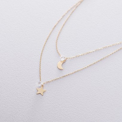 Двойное золотое колье "Луна и звезда" с фианитами кол01540