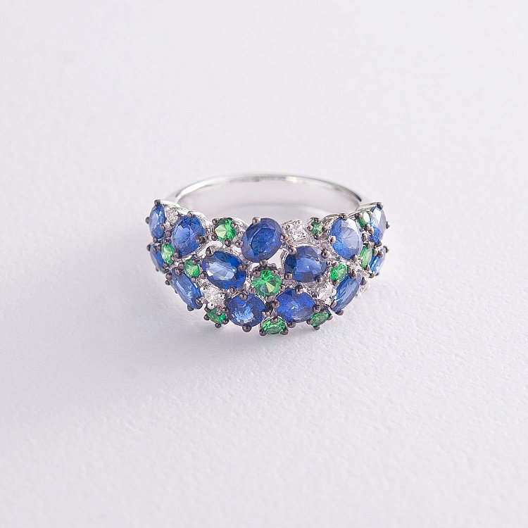 Золота каблучка з сапфірами, діамантами і уваровітами MR19563gm від ювелірного магазину Онікс