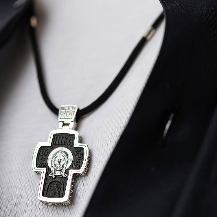 Мужской православный крест "Спас Нерукотворный. Архангел Михаил" из эбенового дерева и серебра 1052 от ювелирного магазина Оникс - 8