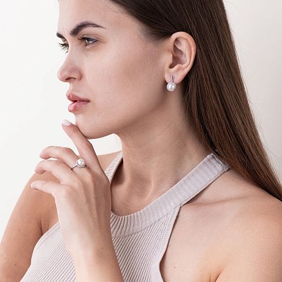 Серебряное кольцо с жемчугом и фианитами 1806/1р-PWT №3