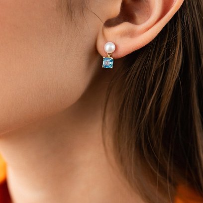 Золоті сережки - пусети "Альма" (блакитні фіаніти, перли) с08253 №8