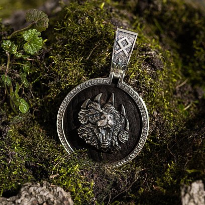 Серебряный кулон "Медведь" с эбеновым деревом и фианитами 947 №2