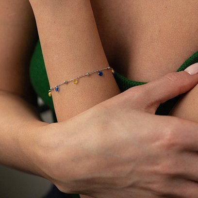 Браслет "Независимая" с шариками в белом золоте (синие и желтые фианиты) б05171 №2