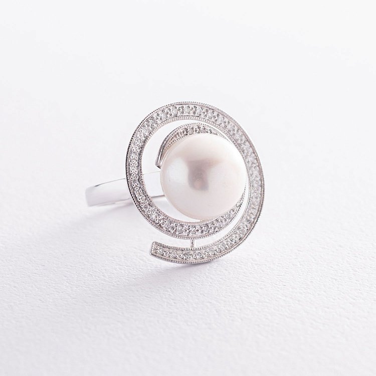 Золота каблучка "Кругообіг" з діамантами і перлиною к748 від ювелірного магазину Онікс