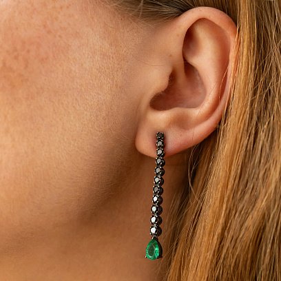 Золотые серьги с изумрудами и черными бриллиантами сб0570di №2