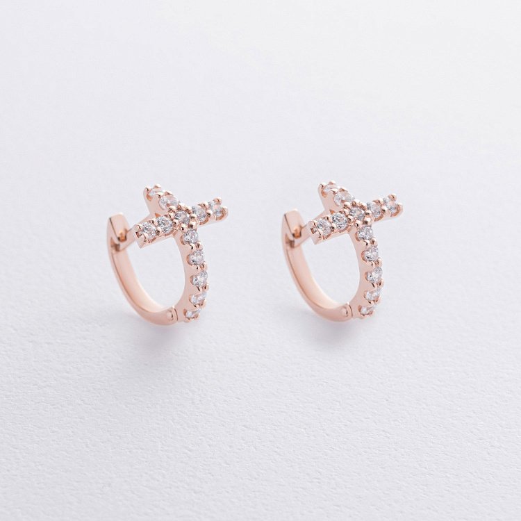 Сережки - кільця "Хрестики" з фіанітами (червоне золото) с09195 від ювелірного магазину Онікс