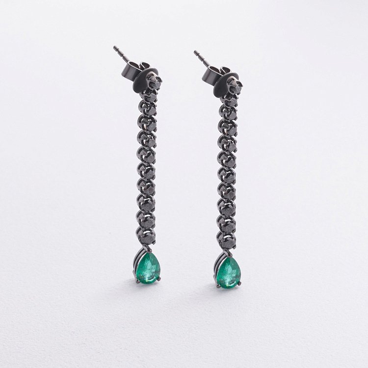 Золотые серьги с изумрудами и черными бриллиантами сб0570di от ювелирного магазина Оникс