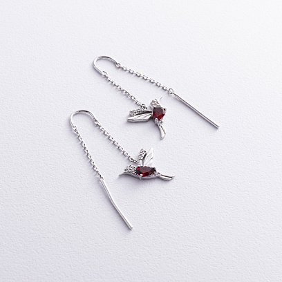 Серебряные серьги - протяжки "Колибри" (фианиты, пироп) GS-02-189-4110