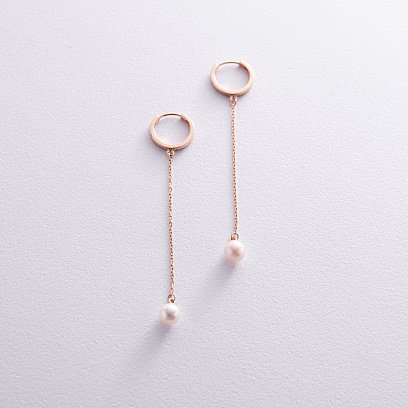 Сережки - кільця "Перлина на ланцюжку" у червоному золоті с08355