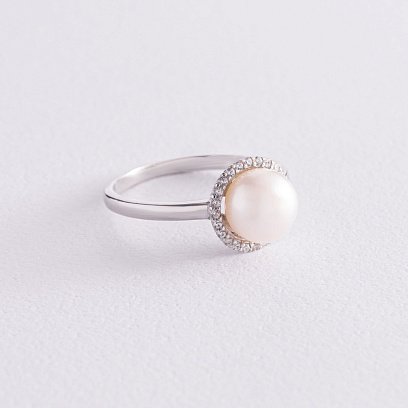 Срібна каблучка з перлиною і фіанітами 1806/1р-PWT №5