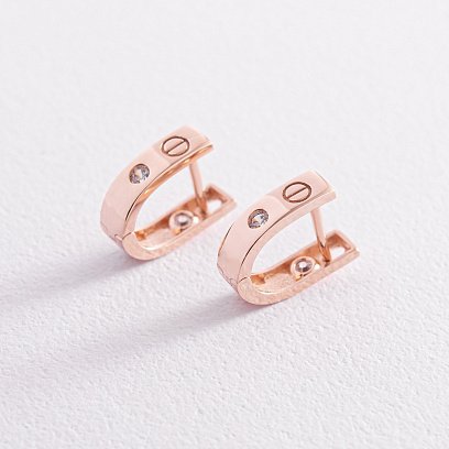 Золотые серьги "Love" с фианитами с07859