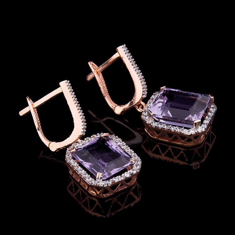 Золотые серьги с аметистом и фианитами с02857 от ювелирного магазина Оникс - 1